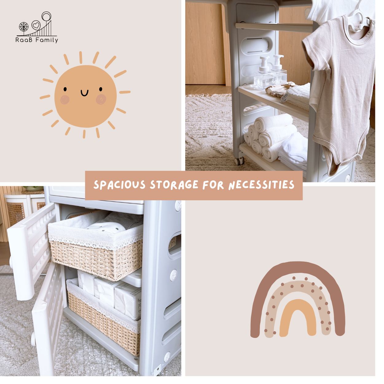 RaaB Family™ Elegant Multifunctional Baby Changing Table with Latex Mattress and Spacious Storage