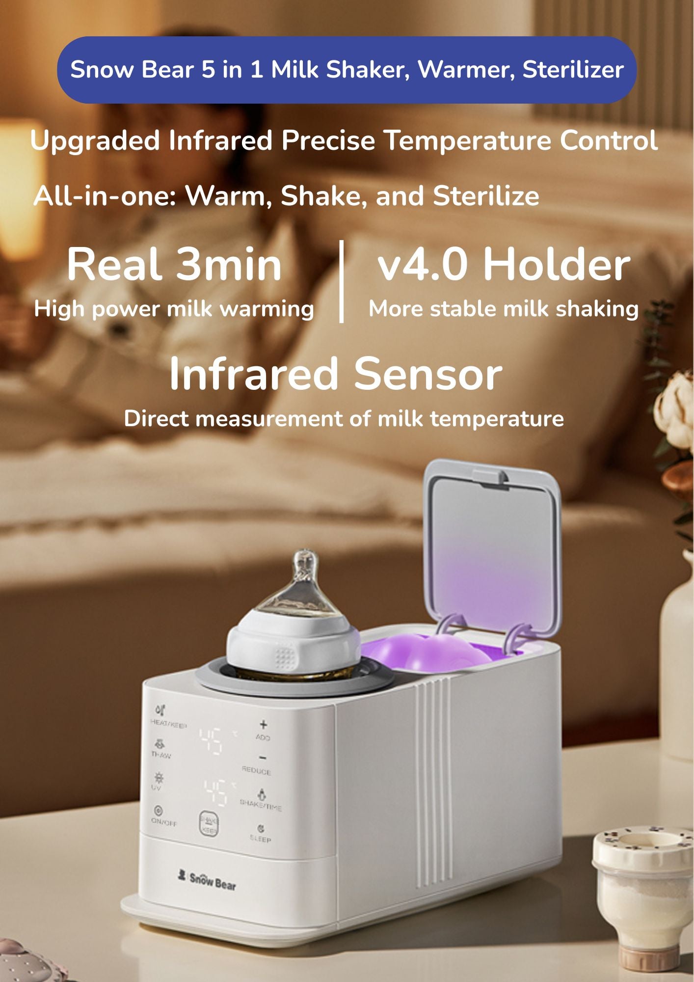 Snow Bear 5 in 1 Milk Shaker, Baby Bottle Warmer and UV steriliser (UK) 3 Pin Plug with Safety Mark