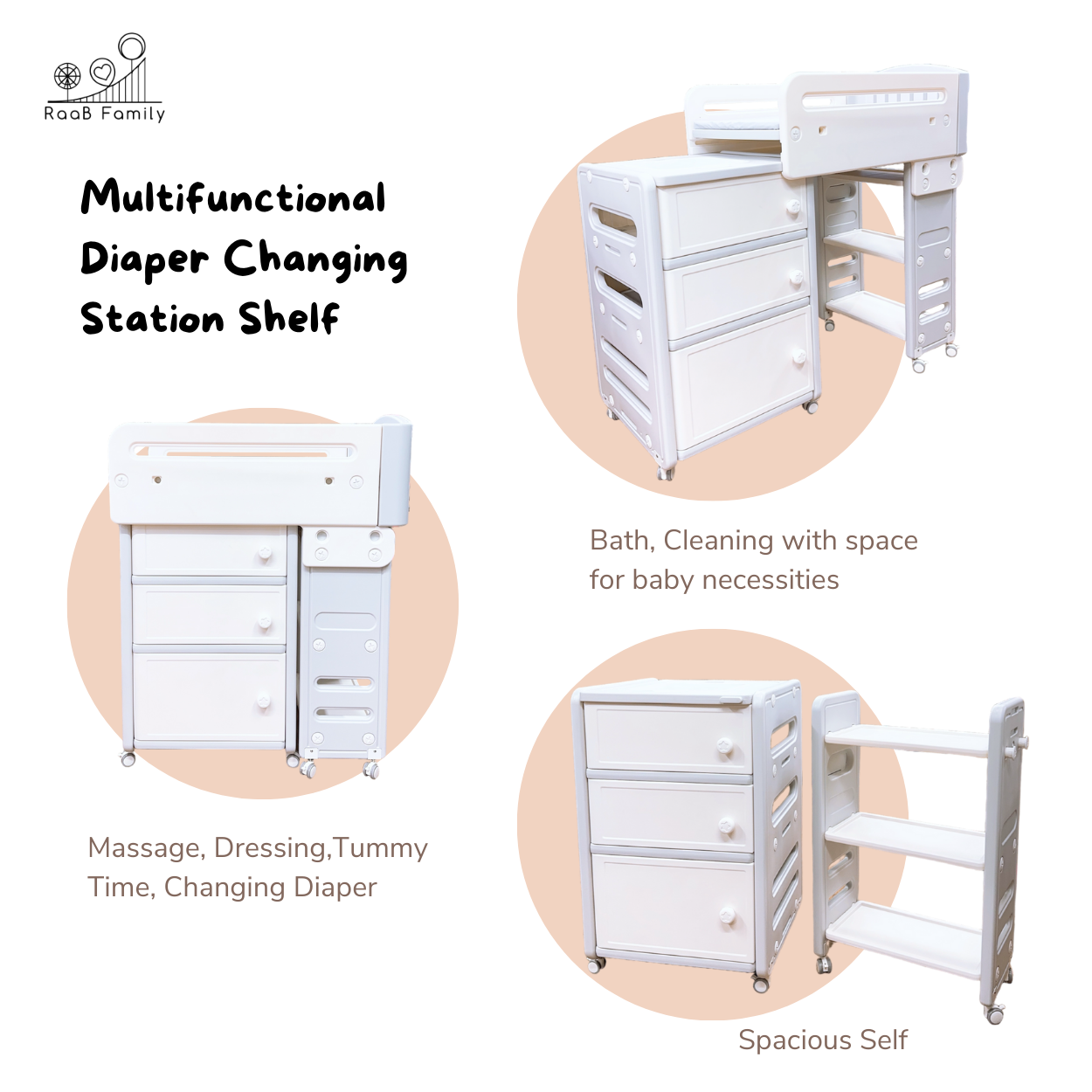 RaaB Family™ Elegant Multifunctional Baby Changing Table with Latex Mattress and Spacious Storage