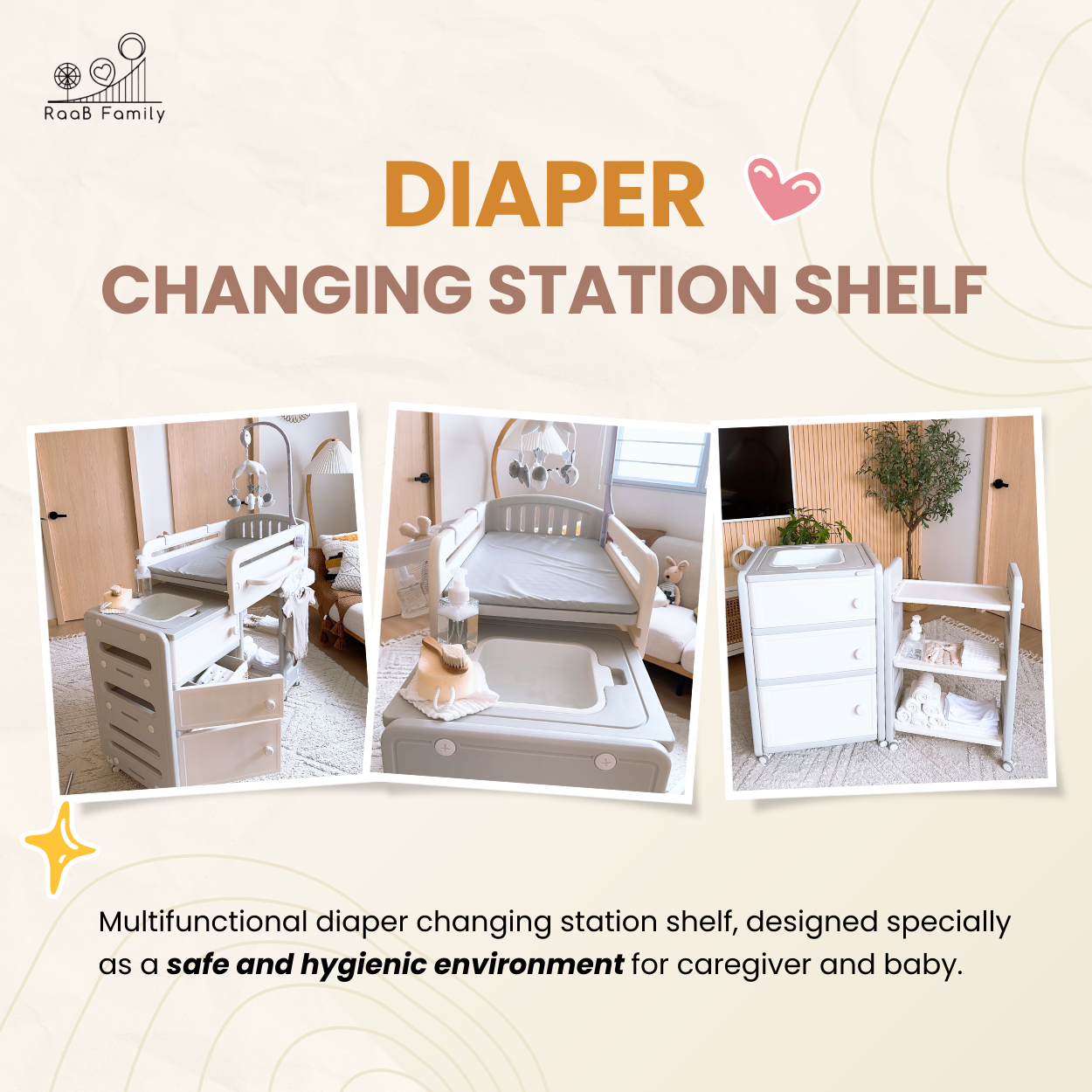 RaaB Family™ Elegant Multifunctional Baby Changing Table with Latex Mattress and Spacious Storage