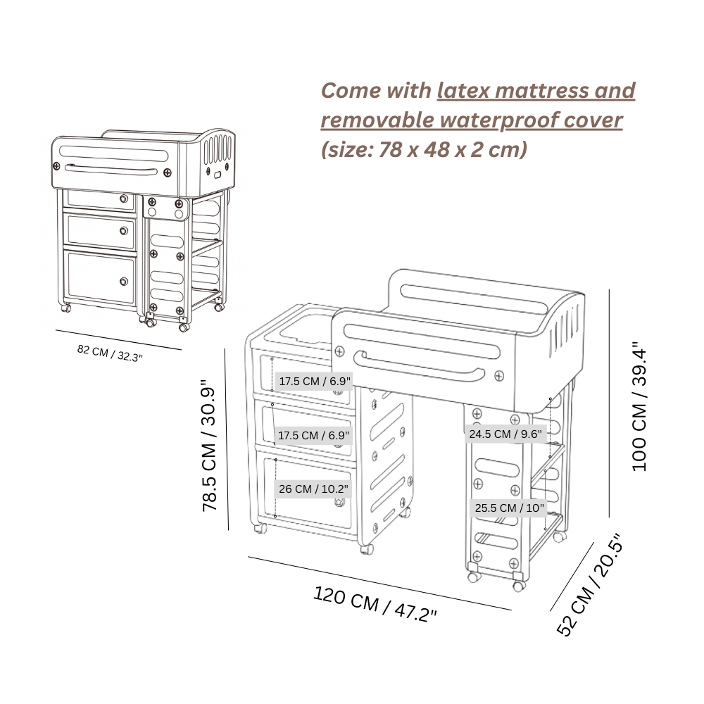 RaaB Family™ Elegant Multifunctional Baby Changing Table with Latex Mattress and Spacious Storage