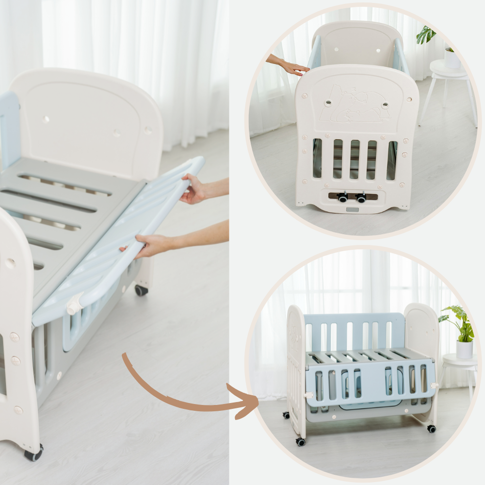 RaaB Family™ Glücklich Premium 6-in-1 Convertible Baby Cot With Latex Mattress and Muslin Bumper