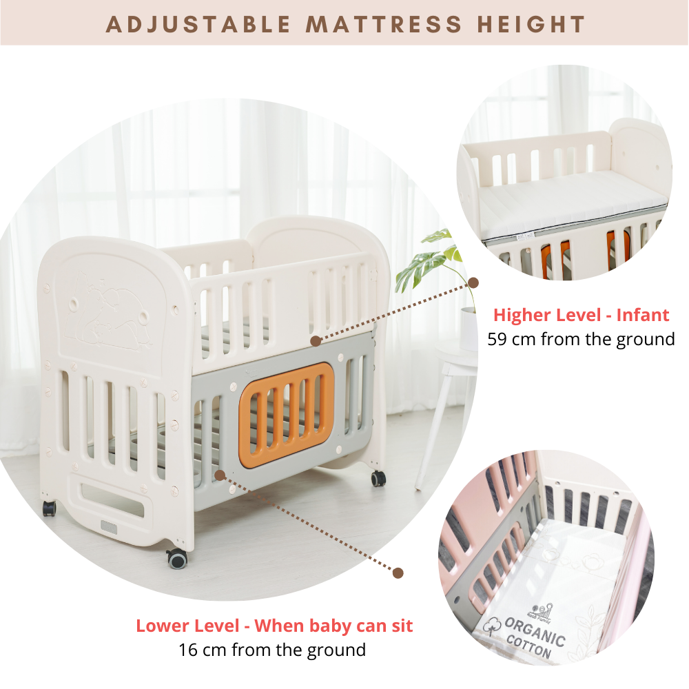 RaaB Family™ Glücklich Premium 6-in-1 Convertible Baby Cot With Latex Mattress and Muslin Bumper