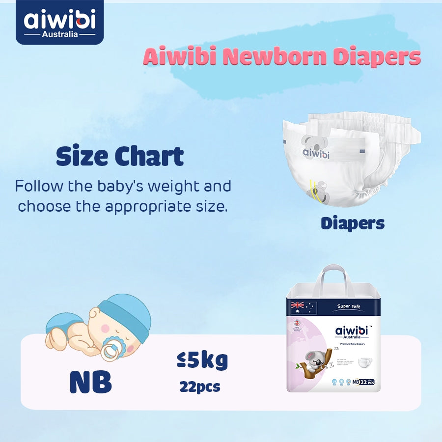 Aiwibi Premium Soft SAP Tape Adhesive Diapers NB22/ Ultra-Thin New Born Baby Diapers (<5KG)